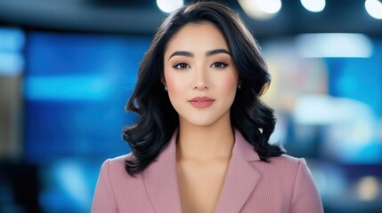 Obraz premium A professional female news anchor standing in a sleek TV studio, speaking into a microphone with bright studio lights illuminating her face. 