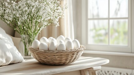 Simple white colored Easter background with an empty table and a basket of Easter eggs.