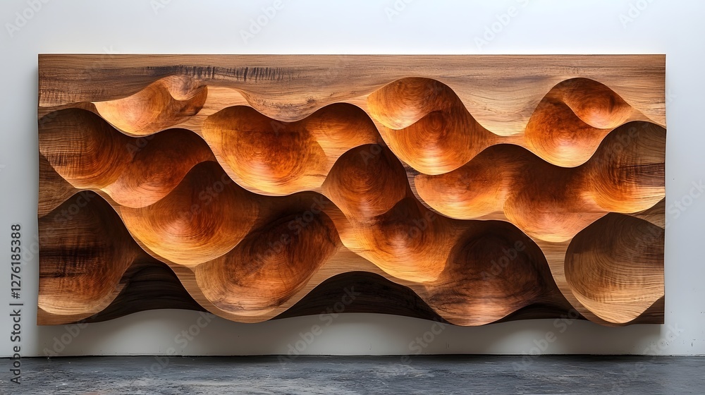Poster undulating wooden sculpture with dynamic flowing organic shapes displayed in a modern minimalist gal