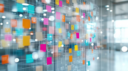 glass wall covered with colorful sticky notes and diagrams in modern office setting, reflecting collaborative and creative workspace