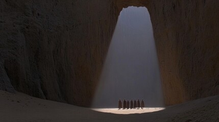 Group of Figures Standing Under Light Beam in Beige Rocky Cave System