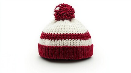 Red and white striped winter hat with a white background, perfect for cold weather.