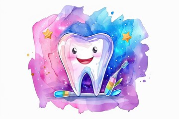 A cheerful tooth character with a bright smile is surrounded by colorful stars and a toothbrush. The design invites patients of all ages