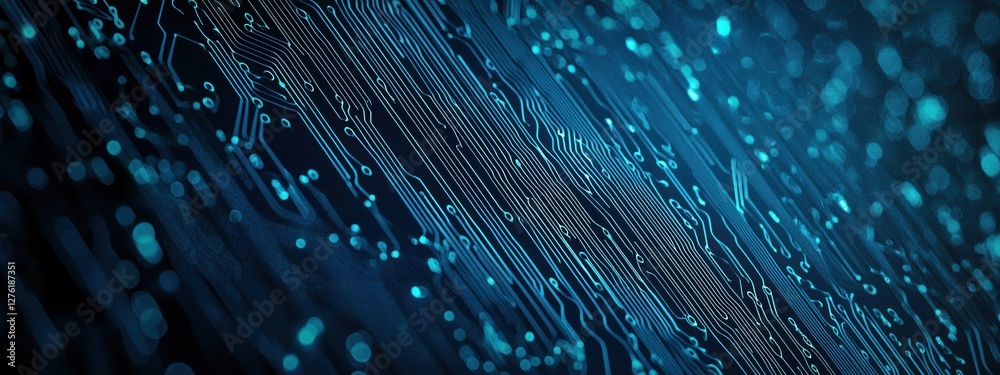 Fototapete futuristic printed circuit board with glowing nodes representing data flow