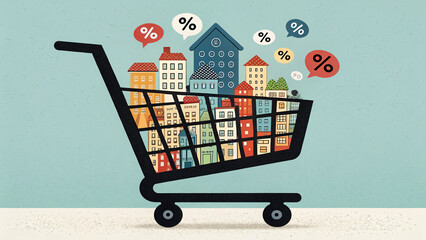 shopping cart filled with miniature buildings and percentage symbols represents real estate investment and market trends. colorful illustration highlights economic concepts and housing market