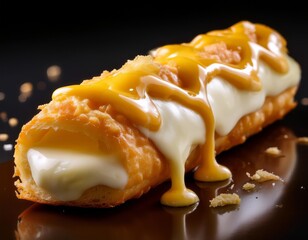 Creamy dessert filled with sweet ingredients and topped with golden sauce on a dark surface
