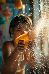 Close-up of a person holding a water gun during Songkran, water splashing out, with traditional Thai decorations and intense sunlight casting shadows
Generative AI