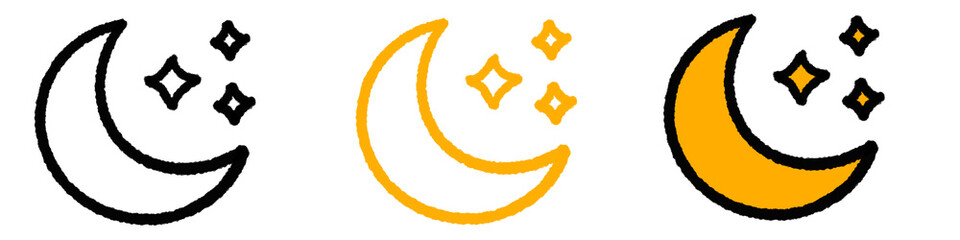 Three crescent moon icons with stars in varying shades of gray and orange