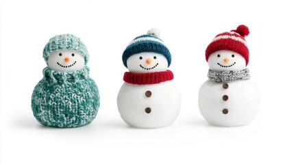 Three snowmen wearing colorful hats and scarves on white background, evoking a cheerful winter spirit.
