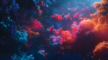 Obraz premium A vibrant cosmic nebula with swirling clouds of red orange pink and blue particles