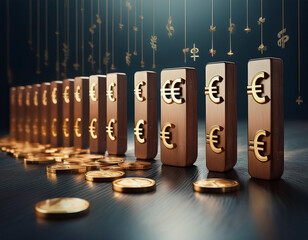A series of falling dominoes with currency symbols printed, highlighting the cascading effects of financial decisions in global markets.