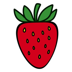 vibrant illustration of red strawberry with green leaves and black outline, showcasing simple and bold design