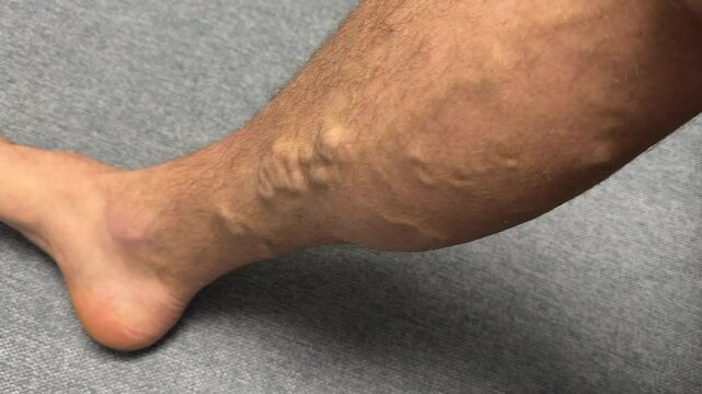Varicose veins. Phlebology and DVT. Varicose veins on leg of man. Varicosity on legs, spider veins, edema, health illness concept. Phlebeurysm and thrombophlebitis of veins. Phlebology concept. 