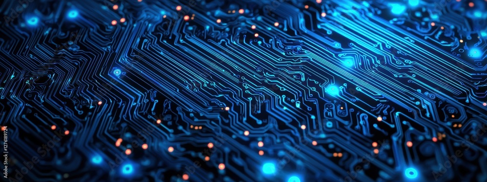 Poster Futuristic printed circuit board pcb rendering showing data flowing