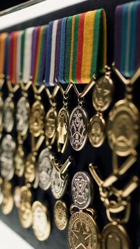 Closeup of military medals displayed in a row: symbol of honor and recognition