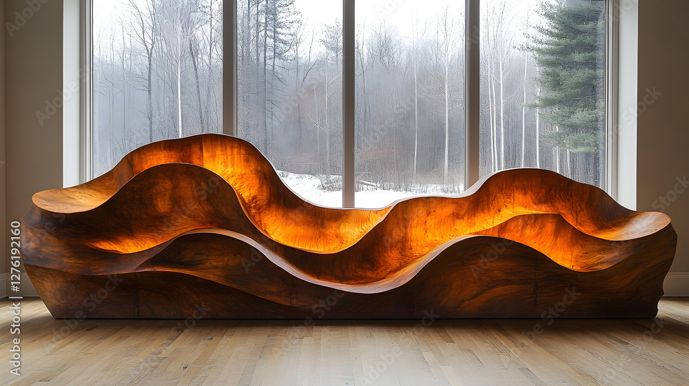 Poster warm glowing wooden organic sculptural wave like shape resting on a window sill creating a cozy and 