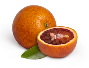 Blood sliced orange with leaf isolated. Red oranges