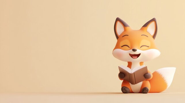 Cute Cartoon Fox Reading a Book, Pastel Background, Digital Art, Childrens Education