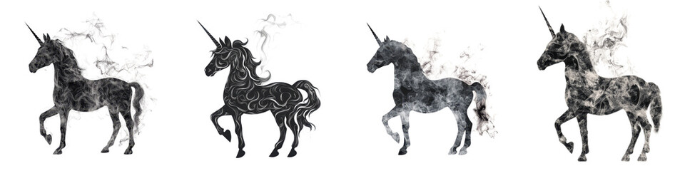 Obraz premium Surreal silhouette of a mythical unicorn creature emerging from wispy ethereal smoke in a moody atmospheric black and white digital The image has a mysterious