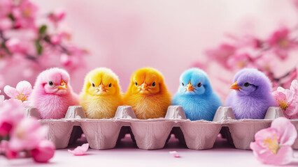 Colorful fluffy chicks in egg carton on pink background. Happy Easter