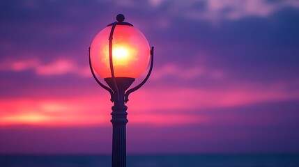 Spherical glass globe street lamp stands against dramatic sunset sky, creating vintage aesthetic with pink and purple twilight colors in urban setting.