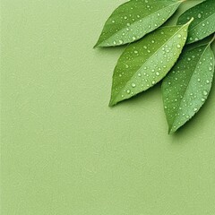 A leaf with water droplets on it is on a green background