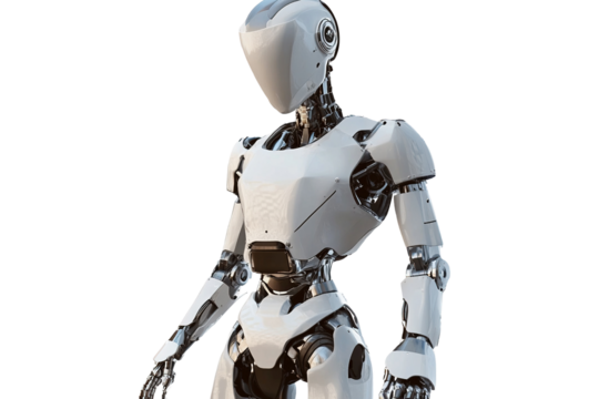 Futuristic 3D robotic figure with a blue screen and arm, isolated against a blue screen