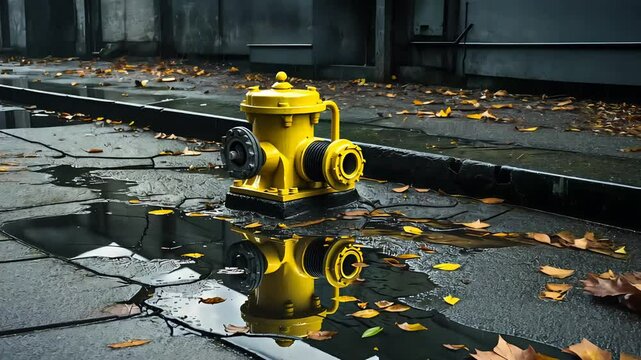 Yellow Fire Hydrant with Fallen Autumn Leaves and Reflections in Puddle on Wet City Street
