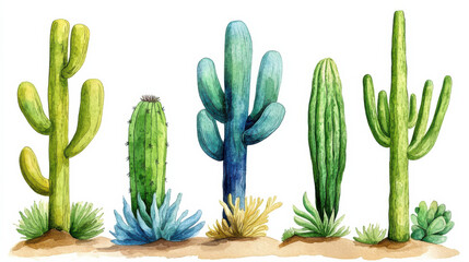 Watercolor cactus botanical illustrations with vibrant colors and details. These unique plants showcase various shapes and sizes, perfect for nature lovers and art enthusiasts