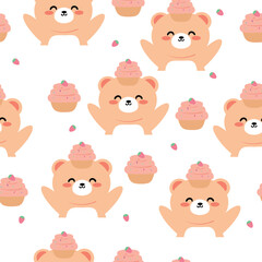 Seamless pattern cute cartoon bear with strawberry cake. cute animal pattern for wallpaper, background and gift wrap paper