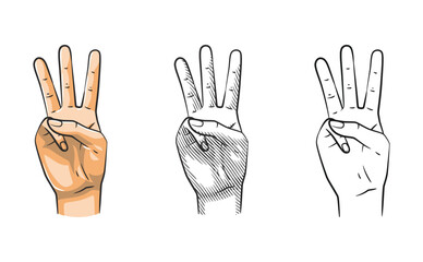 Hand Gesture Number Three Line Art Shaded Colored
