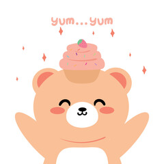 Fototapeta premium Cute hand drawing cartoon bear with strawberry cake over head bear . cute bear drawing for animal sticker, icon