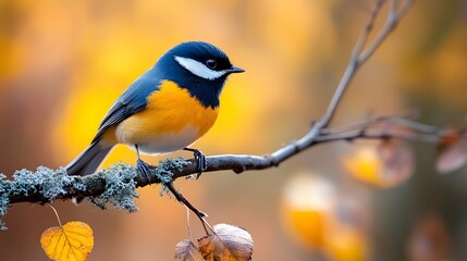 Fototapeta premium Small songbird rests on lichen-covered branch with forest bokeh background, captured in golden hour light with cinematic mood and sharp detail focus.