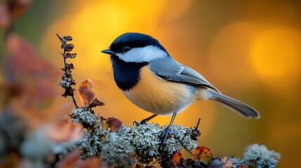 Naklejka premium Small songbird rests on lichen-covered branch with forest bokeh background, captured in golden hour light with cinematic mood and sharp detail focus.