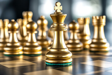Golden chess pieces on a reflective board, highlighting the king as the central focus in a strategic game