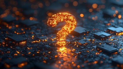 Glowing 3D Question Mark Above Business Meeting Table with Charts and Graphs