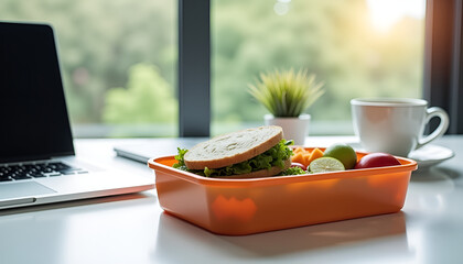 modern takeout container with compartments, lunch to go, eco-friendly meal, Modern takeout container with sandwich, salad, and fresh fruits for convenient work lunch