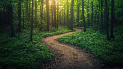 Obraz premium A winding path through a lush green forest illuminated by soft sunlight.