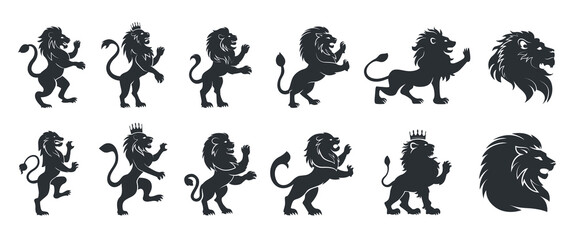 Heraldic lion royal with mane and paws set