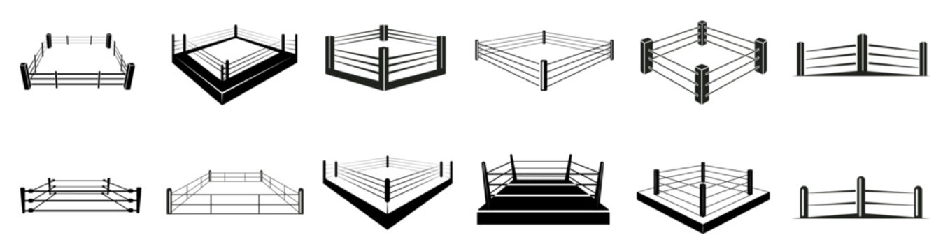 Boxing ring sport arena with ropes for fighting set icon
