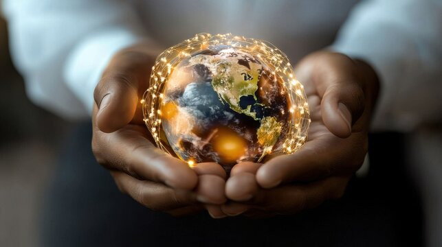 Hands holding a glowing globe, symbolizing care for Earth.