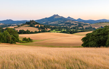 Obraz premium A serene landscape featuring rolling golden fields, gently sloping hills, and distant mountains under a soft twilight sky.