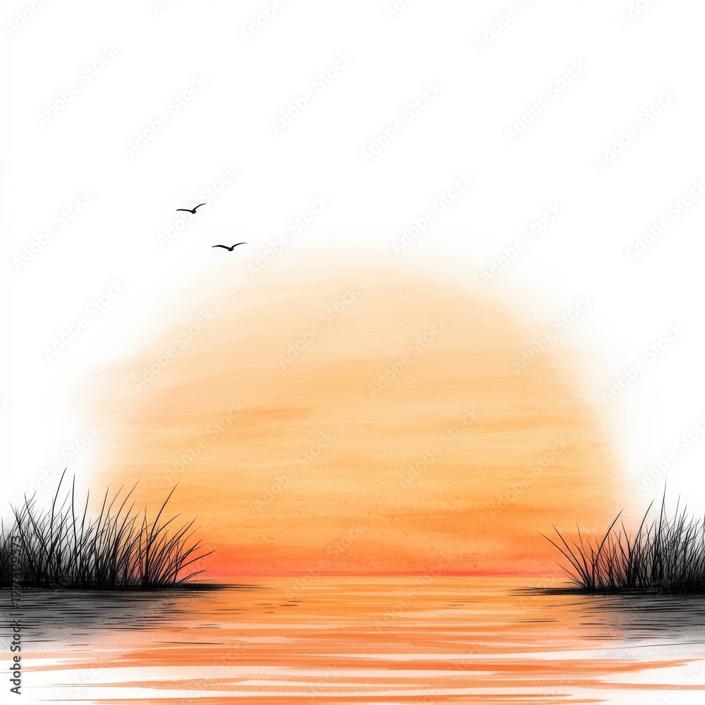 Poster A painting of a sunset with two birds flying over a body of water