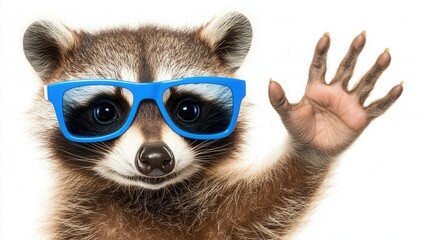 Fototapeta premium Playful mammal wearing blue sunglasses waves hello against a white background. Close up shot of a furry, expressive mammal, showcasing its detailed