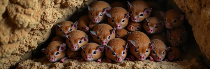 Fototapeta premium Group of cute nocturnal animals huddled together in burrow 
