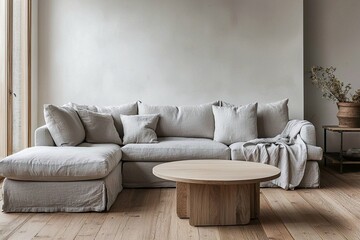 A modern minimalist interior in the living room with sofa and table views. Generative AI
