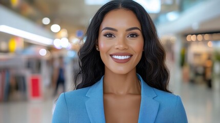 Smiling woman with long dark hair wearing a light blue blazer, in a brightly lit indoor shopping mall setting. The background is blurred, emphasizing
