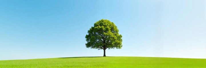 Obraz premium Lush green tree standing alone on vibrant grassy hilltop under blue sky 