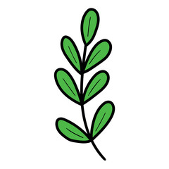Hand drawn cartoon branch with green leaves on white background.