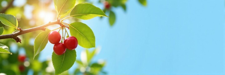 Red cherries hanging from branch with green leaves under sunlight  